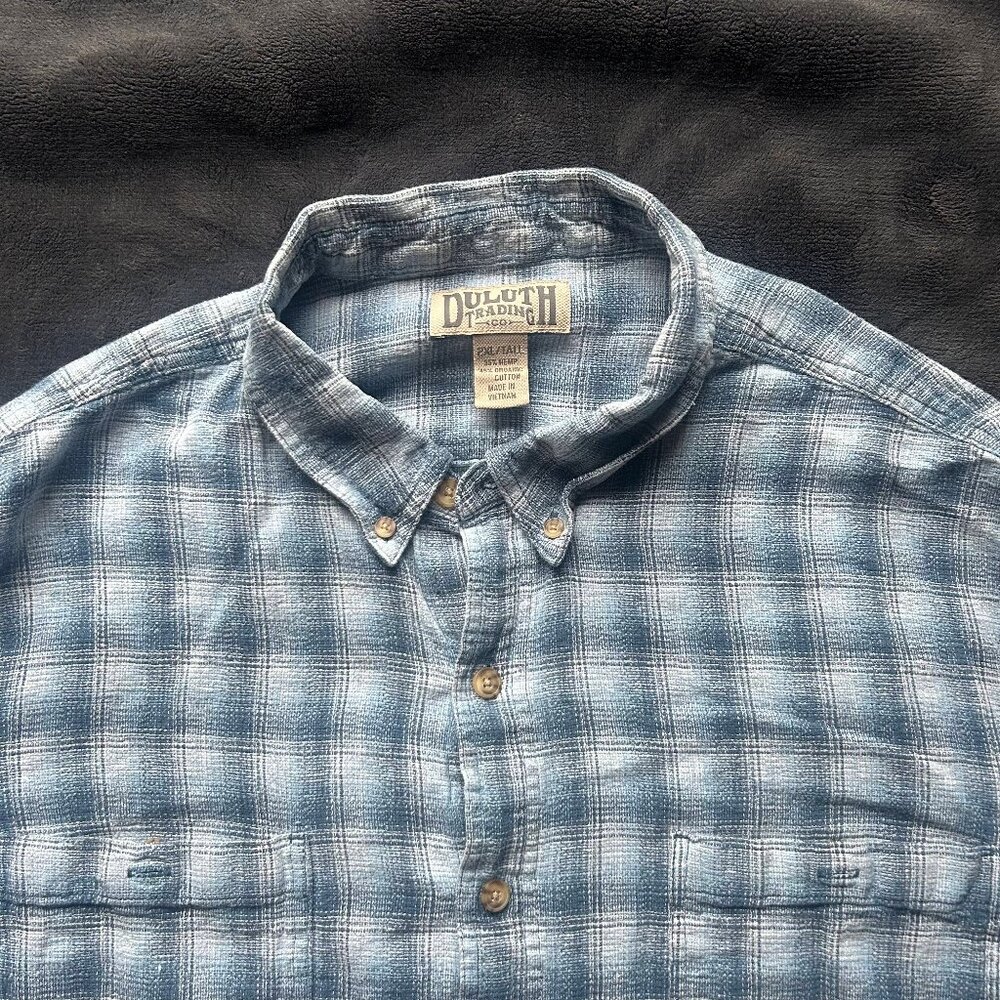 Duluth Trading Co Short Sleeve Shirt 2XL Tall Light Blue Plaid Hemp Blend